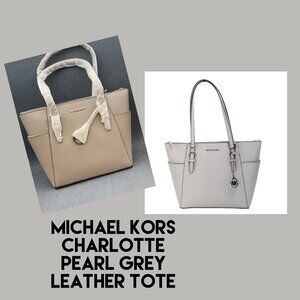 Michael Kors Tote Bag Charlotte Pearl Grey Leather Silver NWT Purse Handbag